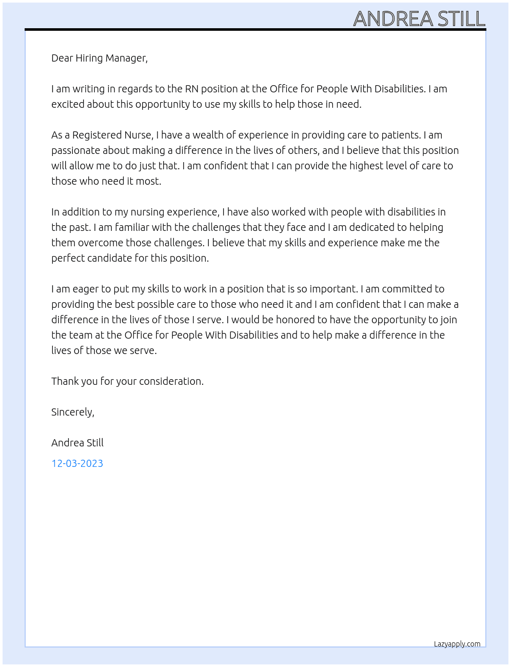 RN At Office for People With Disabilities Cover Letter