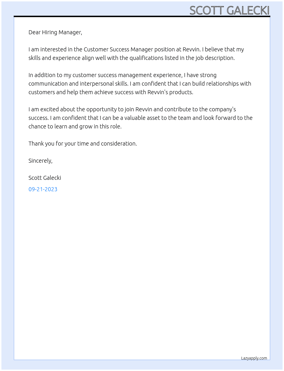 Customer Success Manager At Revvin Cover Letter