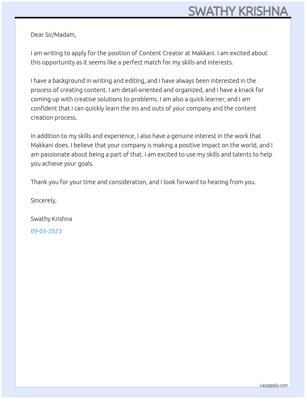 Content creator At Makkani  Cover Letter