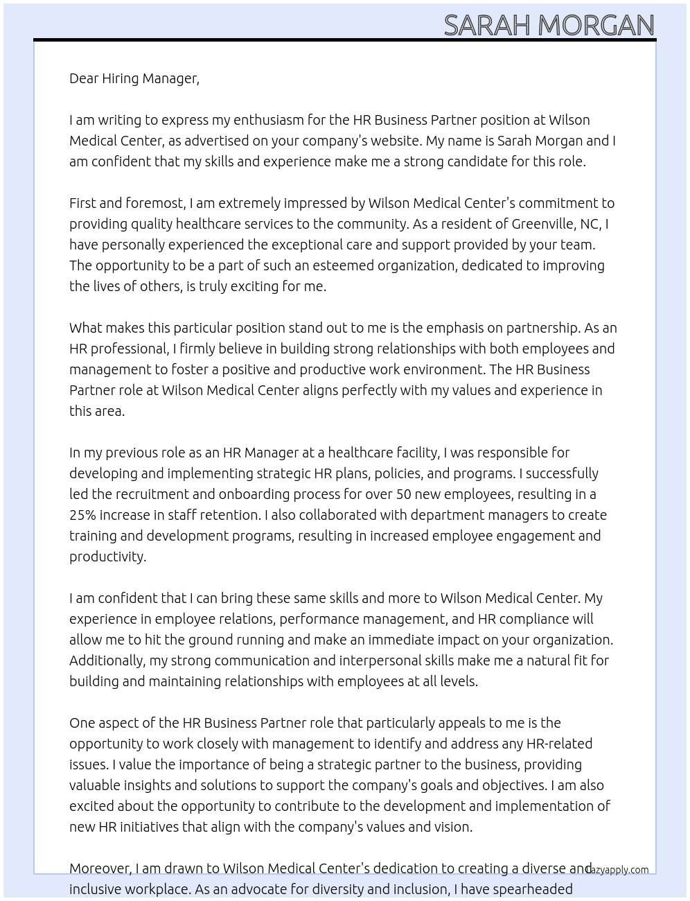 HR Business Partner At Wilson Medical Center Cover Letter