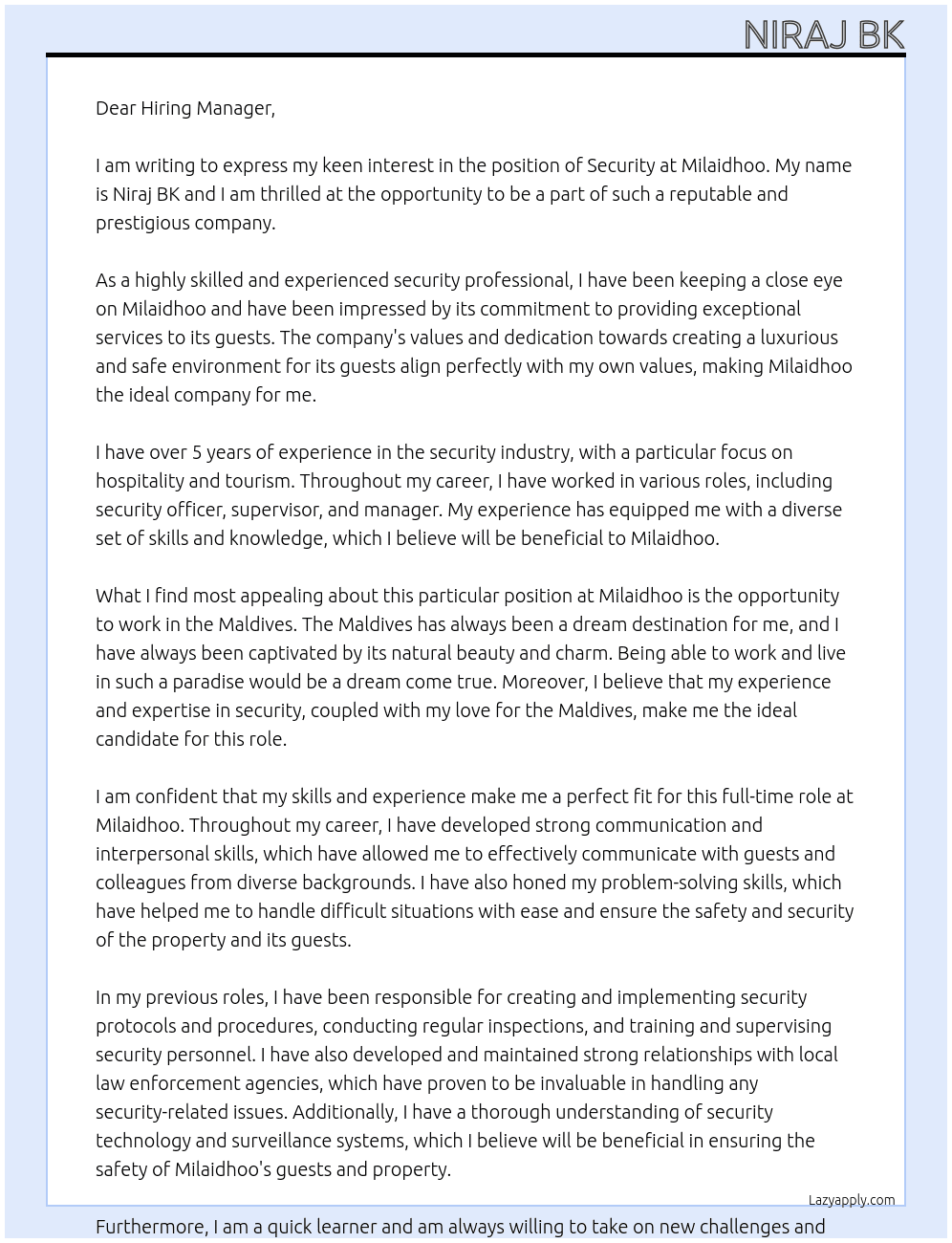 Security At Milaidhoo Cover Letter