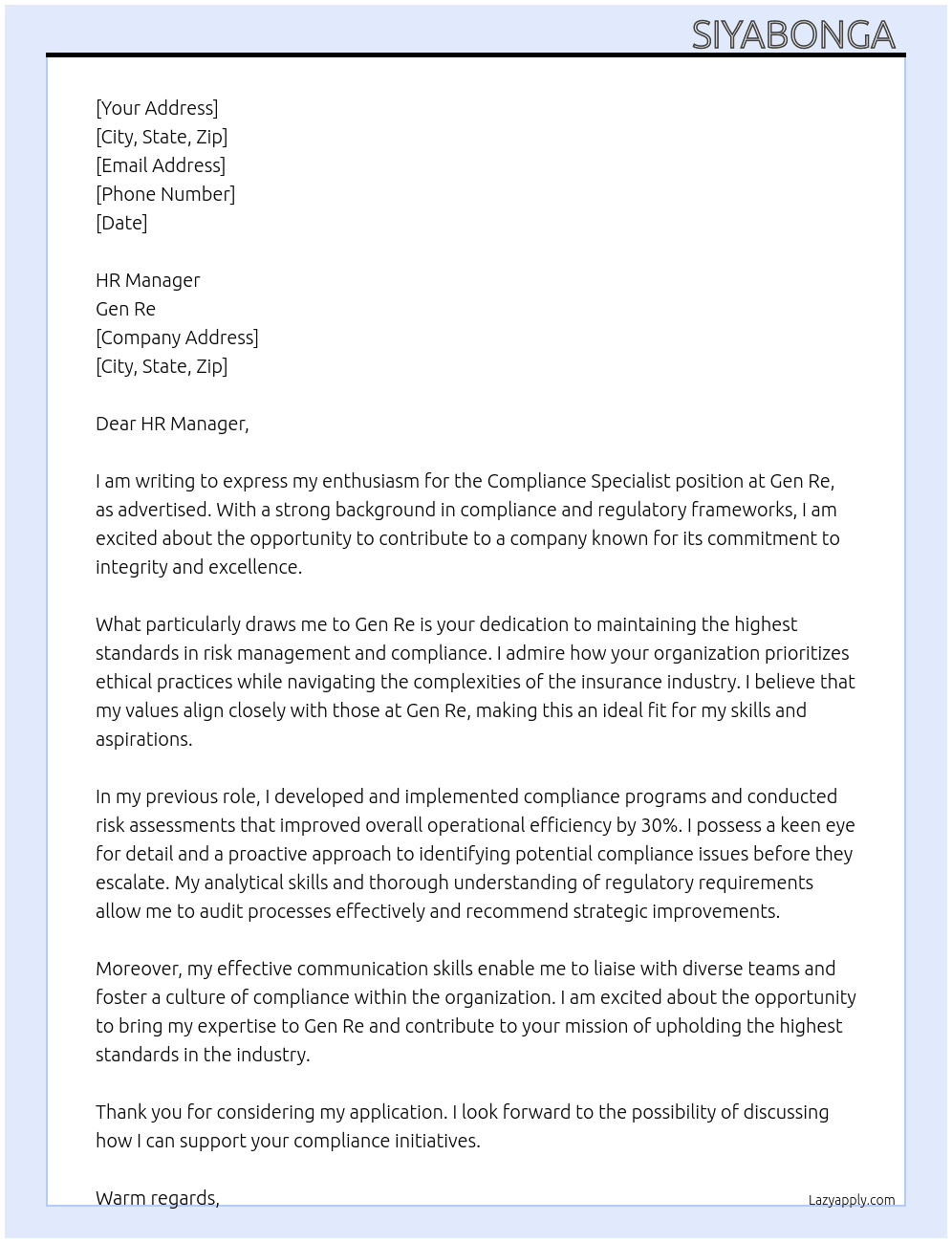 Cover letter for compliance specialist - LazyApply