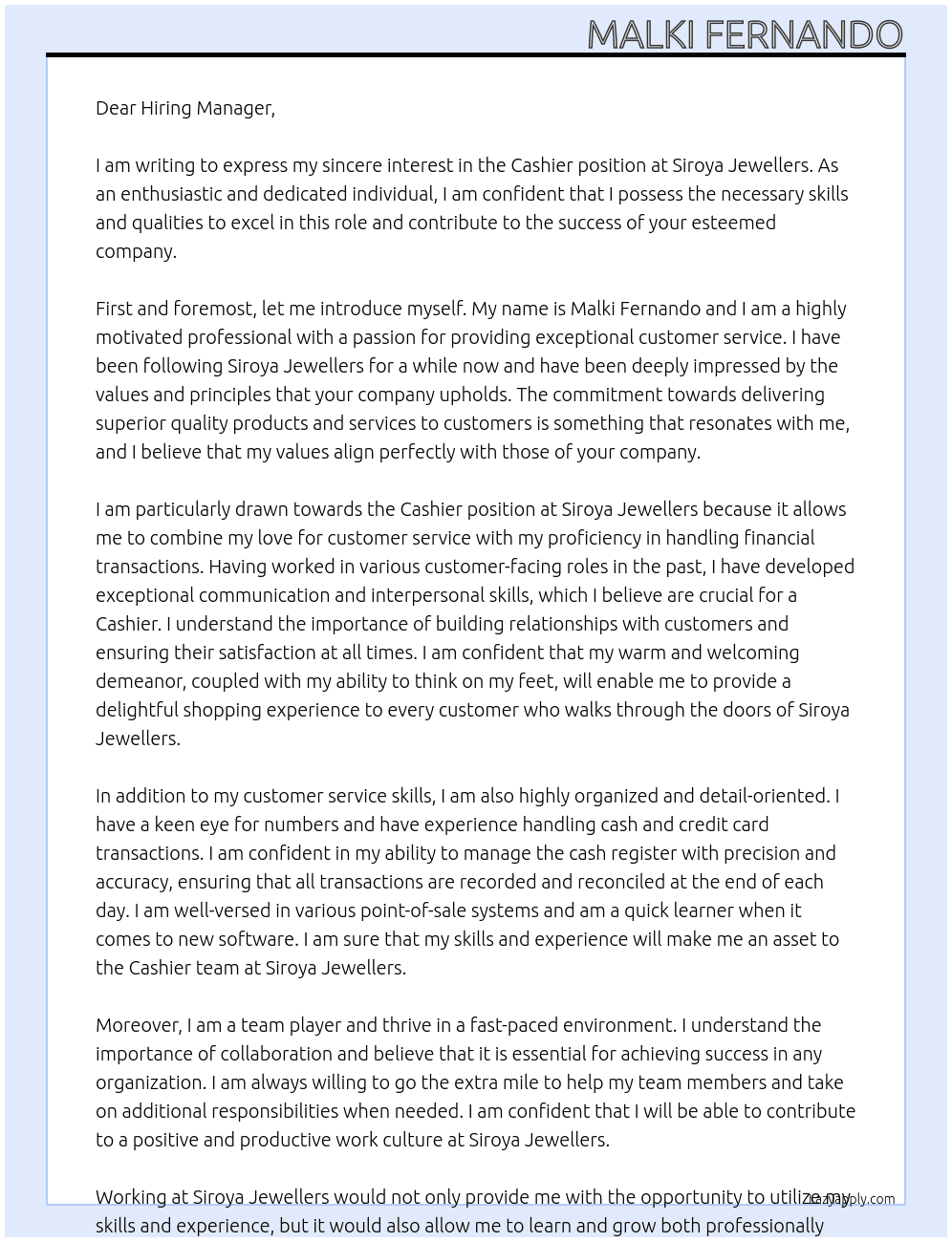 Cashier At Siroya Jewellers  Cover Letter