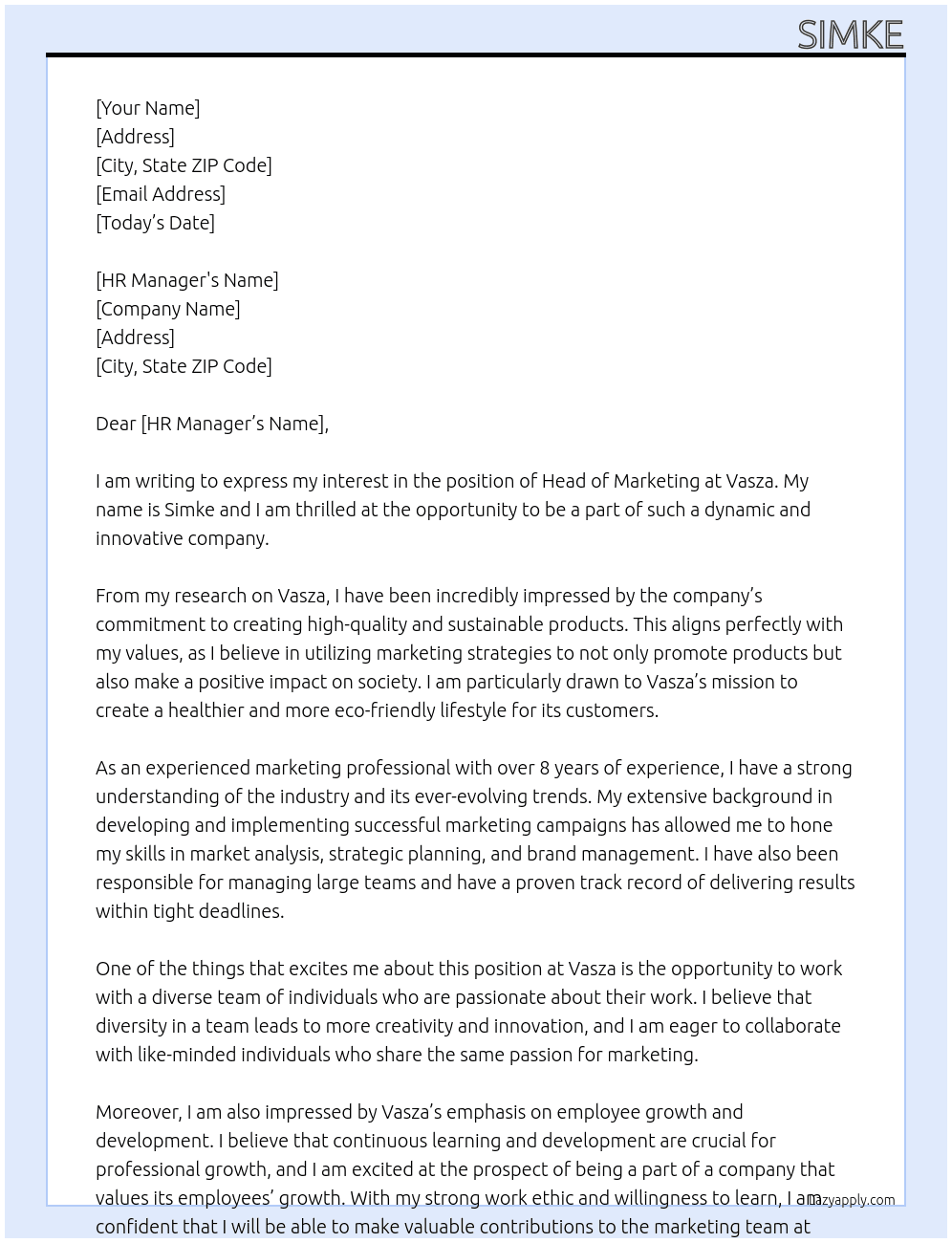 Head of marketing At Vasza Cover Letter