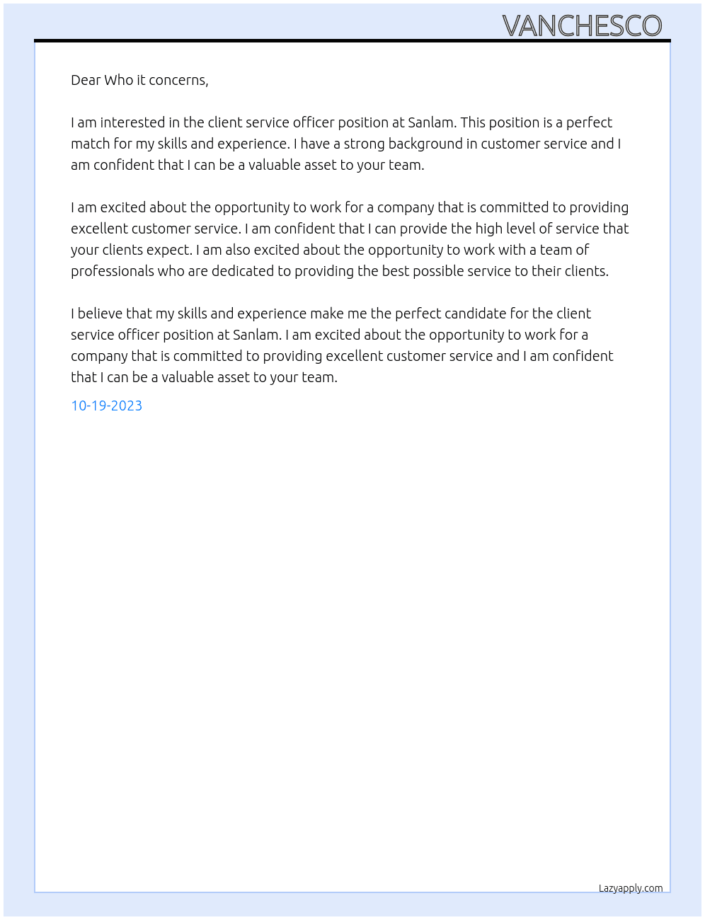 Client service officer At Sanlam Cover Letter