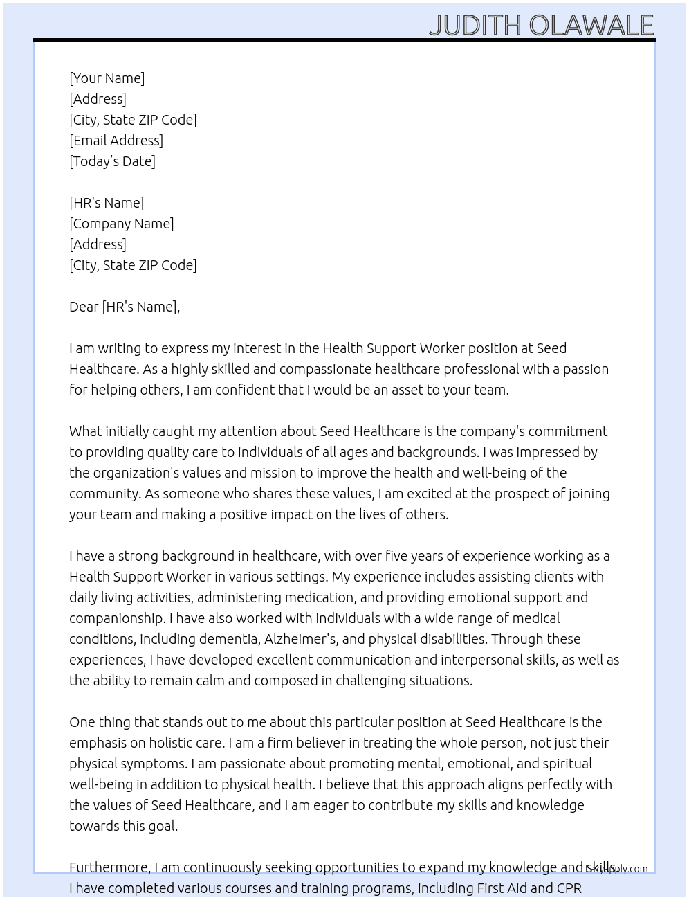 Health Support Worker At seed healthcare Cover Letter