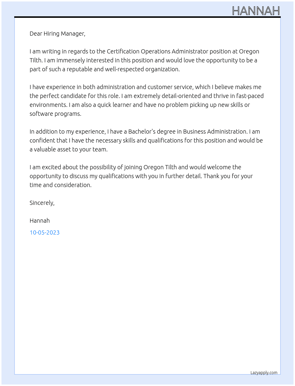 Certification Operations Administrator At Oregon Tilth Cover Letter