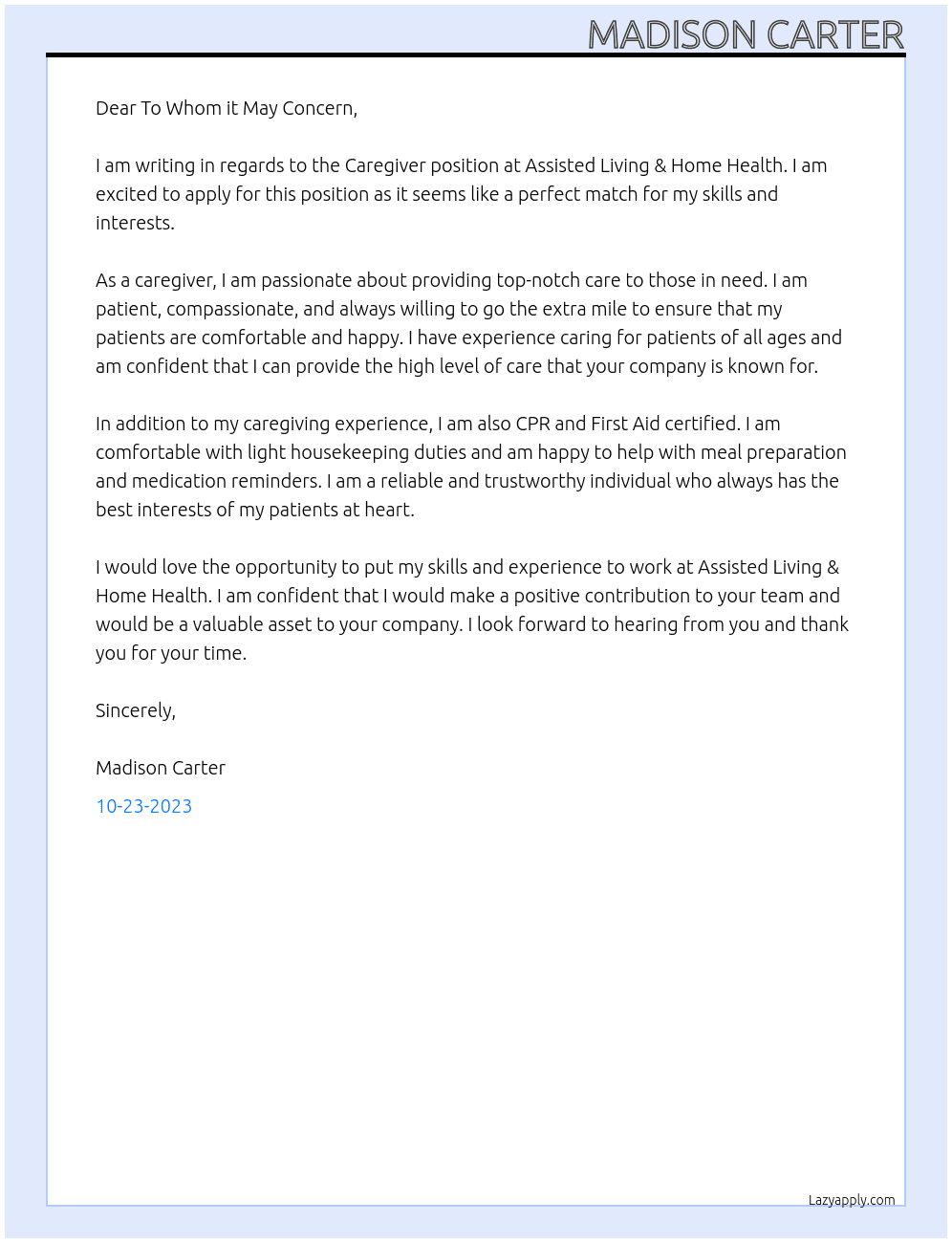 Caregiver At Assisted Living & Home Health Cover Letter