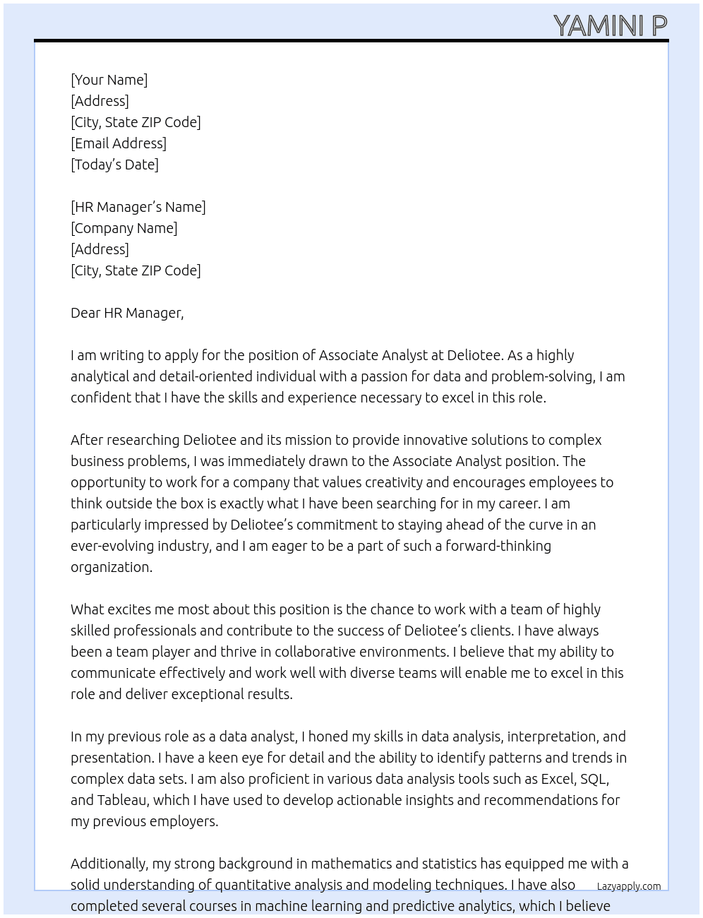 ASSOCIATE ANALYST At DELIOTEE Cover Letter