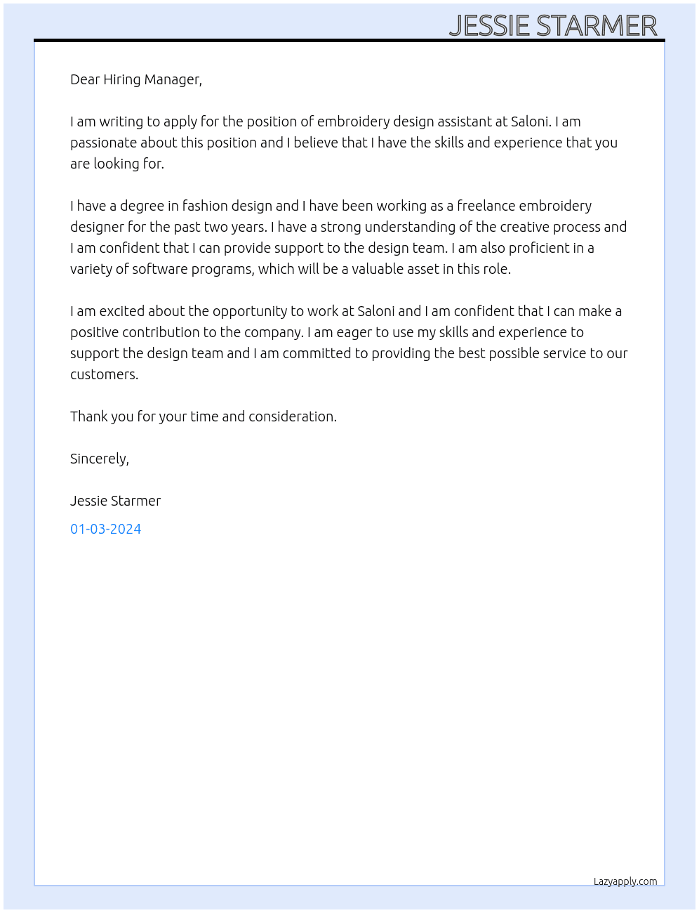 embroidery design assistant  At Saloni Cover Letter