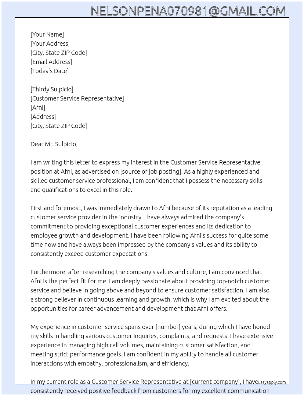 Customer service representative  At afni  Cover Letter