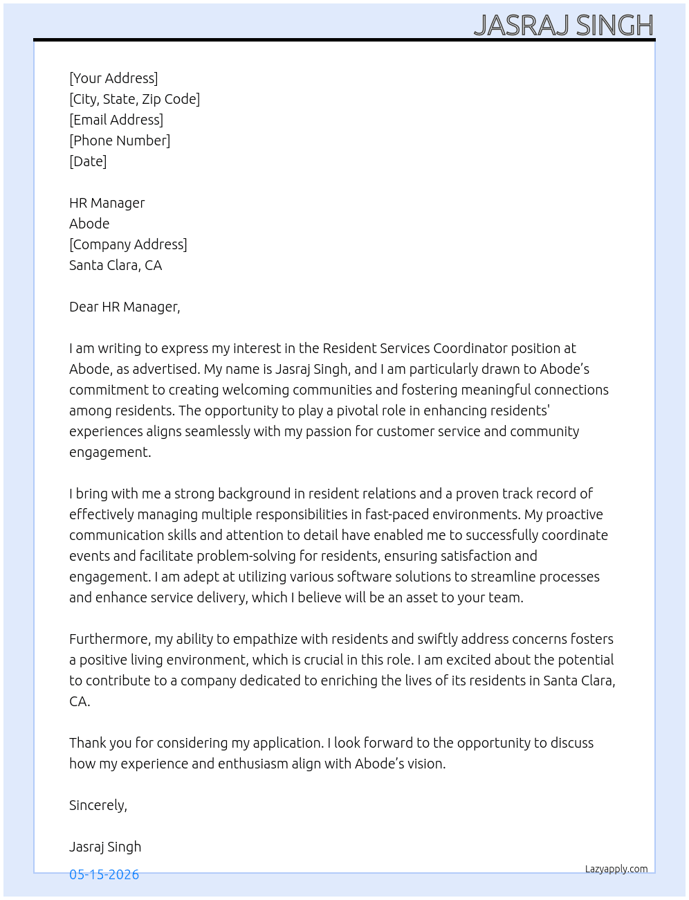 Resident Services Coordinator  At Abode Cover Letter