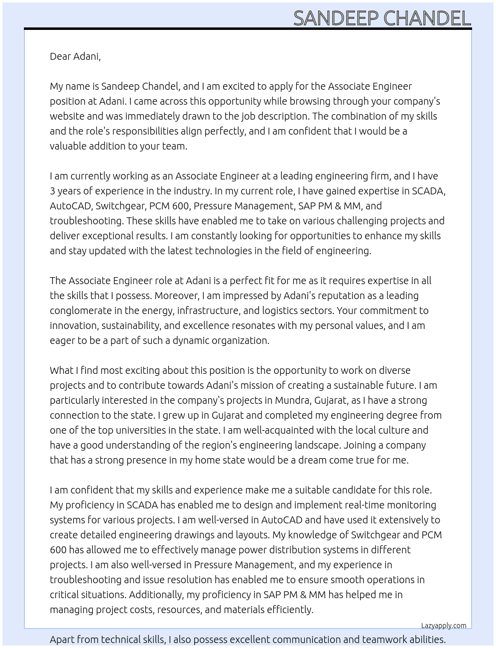 Associate Engineer At Adani  Cover Letter