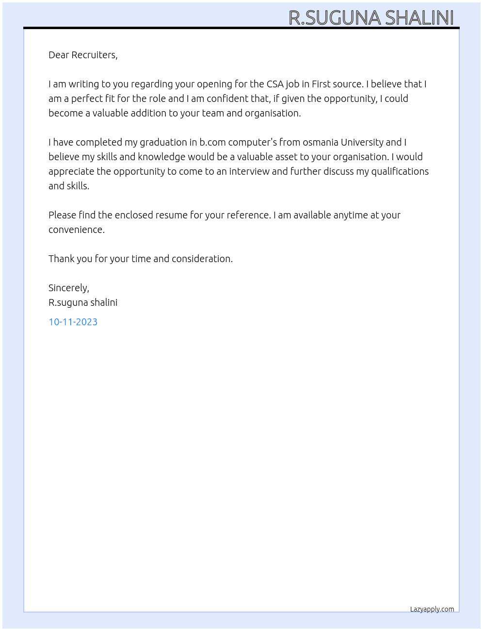 CSA At First source company  Cover Letter