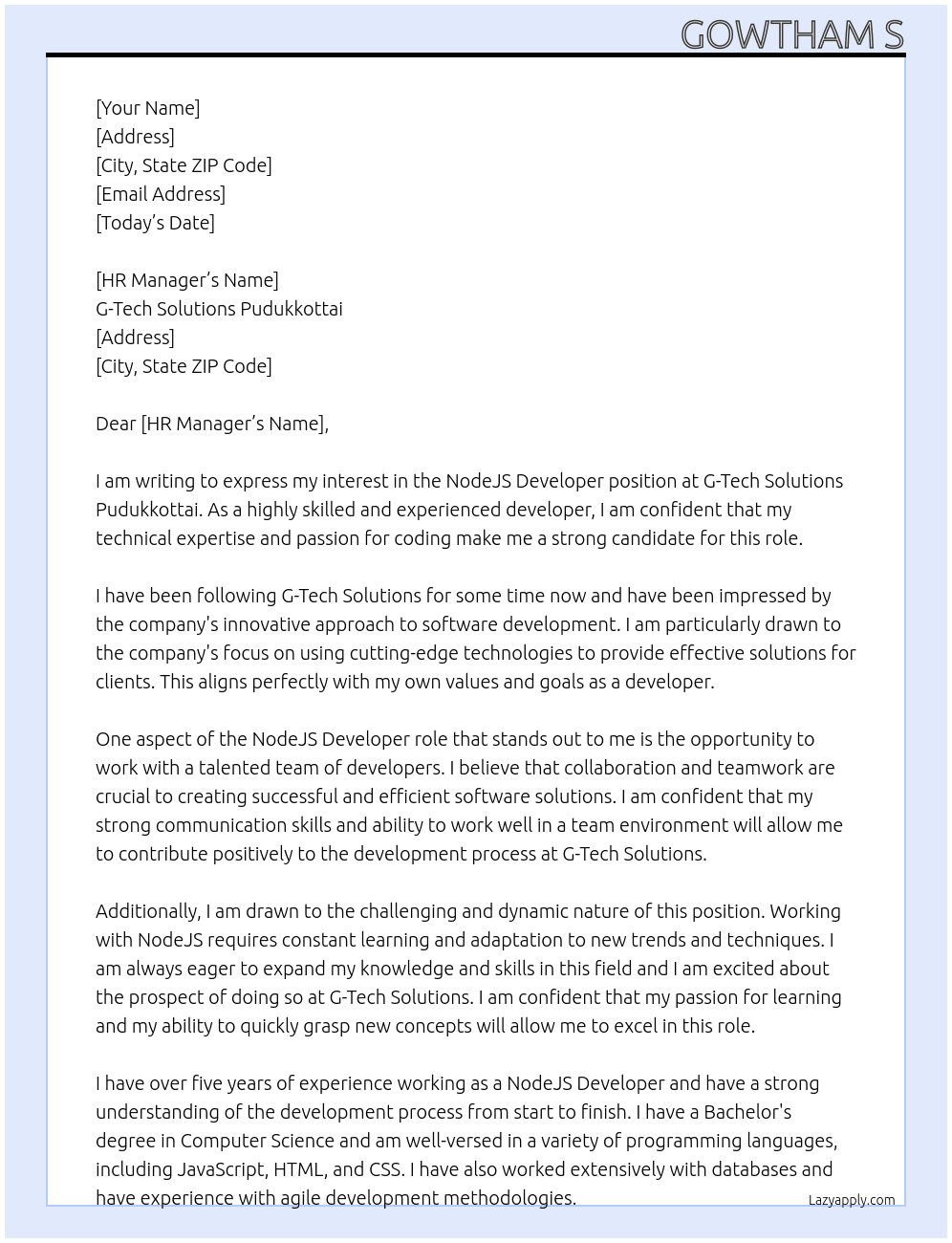 NodeJS Developer At G-Tech Solutions Pudukkottai Cover Letter