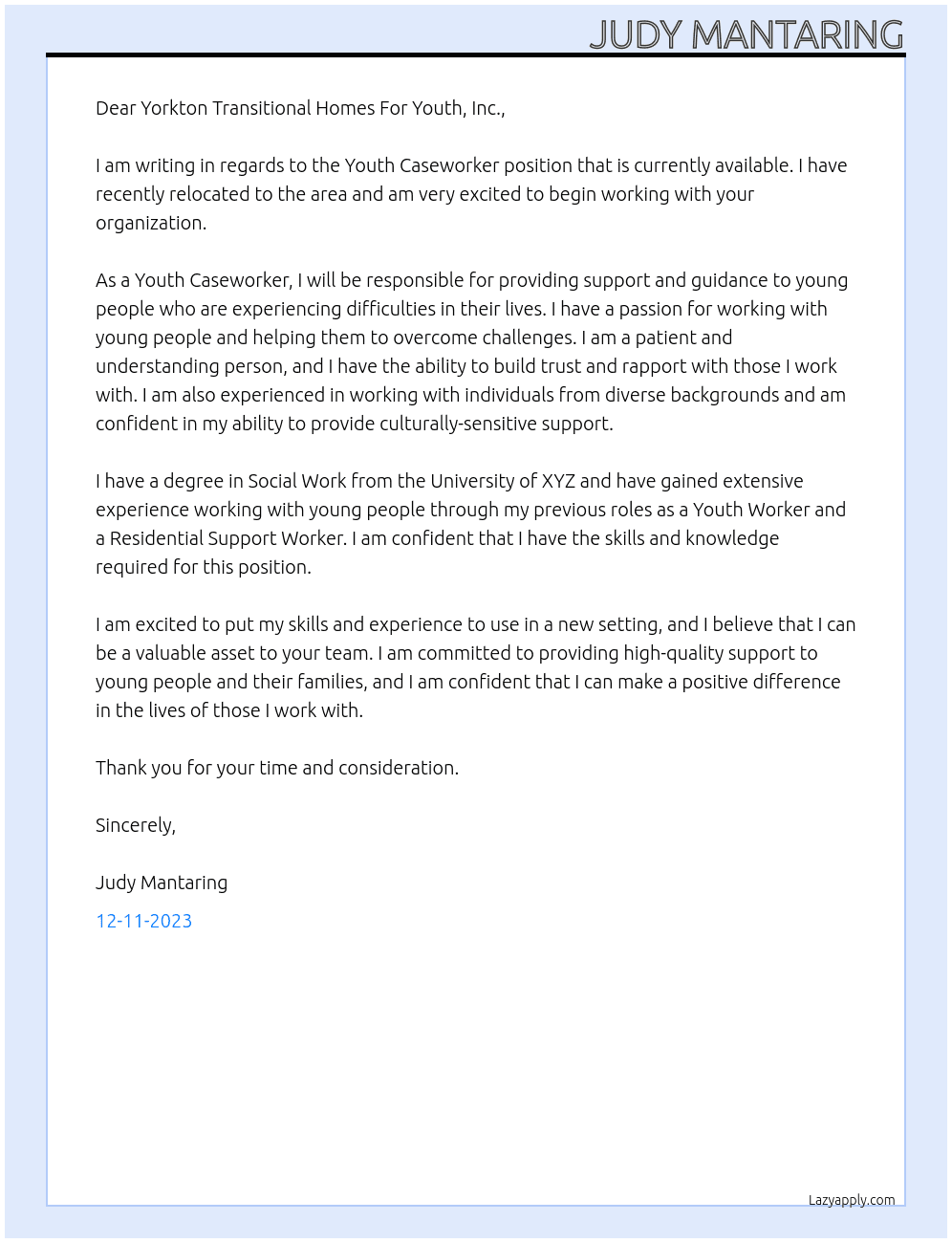 YOUTH CASEWORKER At Yorkton Transitional Homes For Youth, Inc. Cover Letter