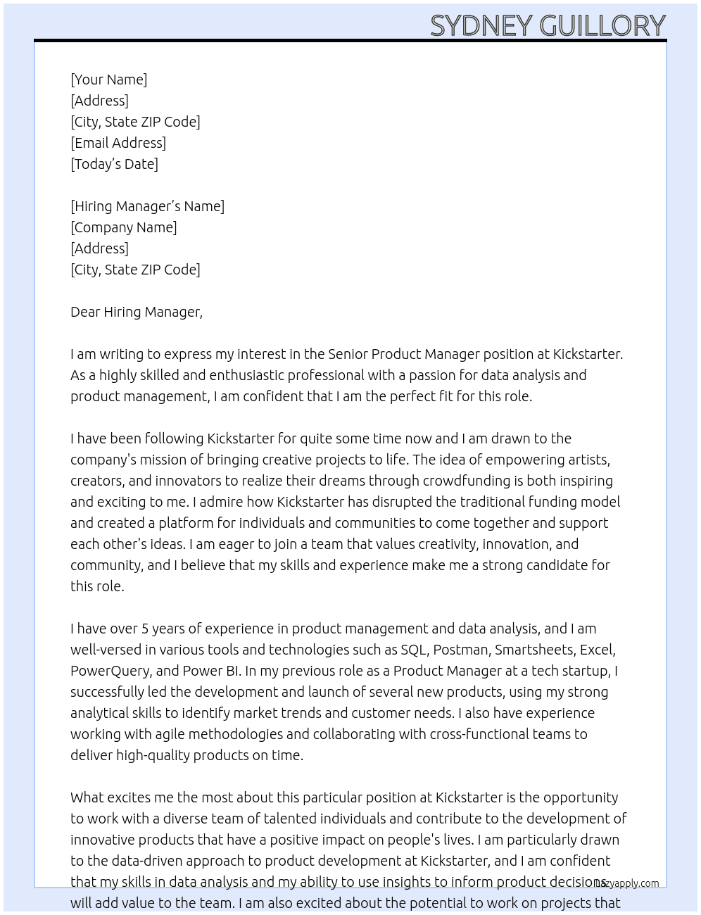 Senior Product Manager At Kickstarter Cover Letter