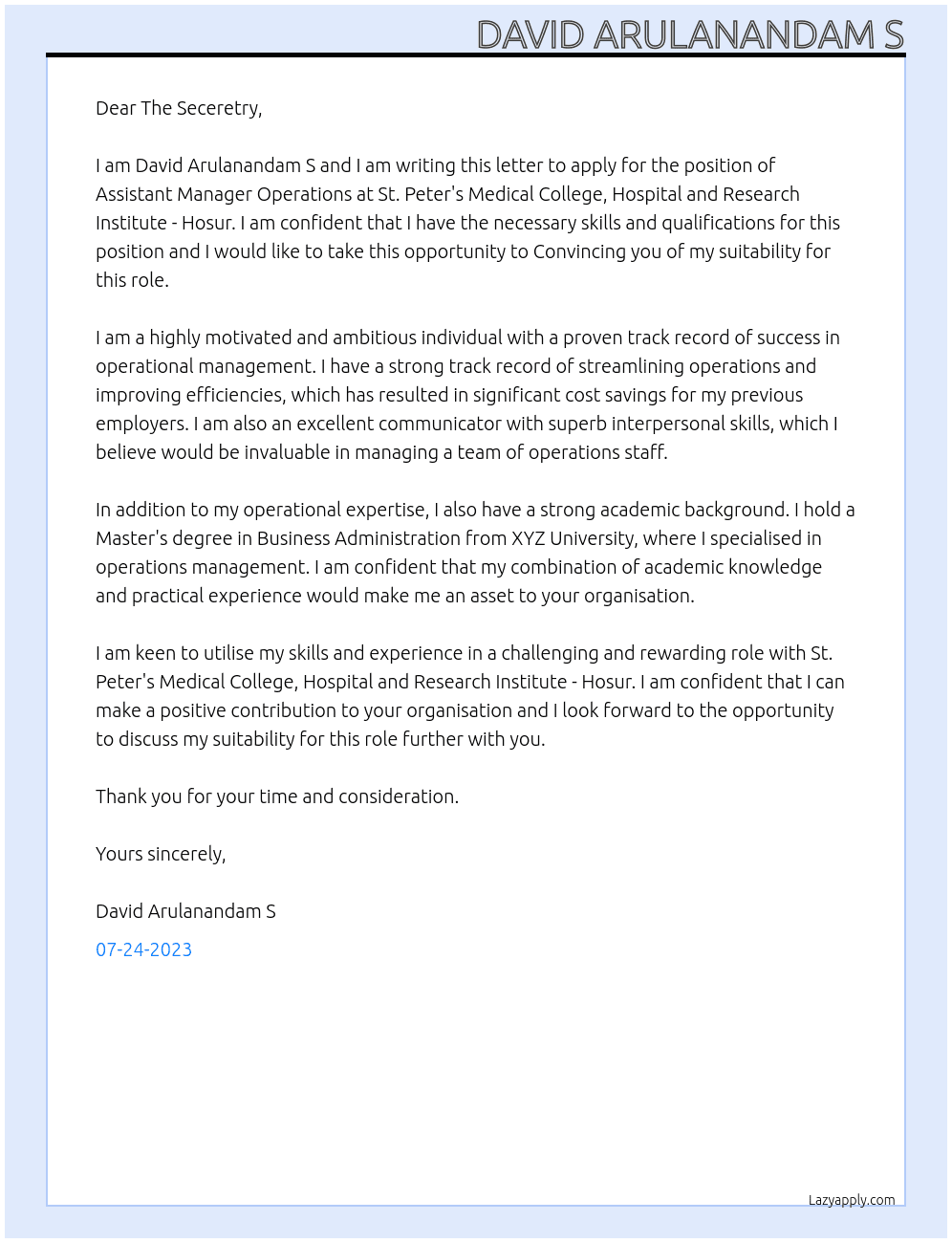 Assistant Manager Operation At St. Peter's Medical College, Hospital and Research Institute - Hosur Cover Letter
