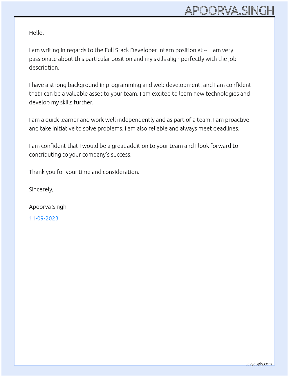 Full Stack Developer Intern At -- Cover Letter