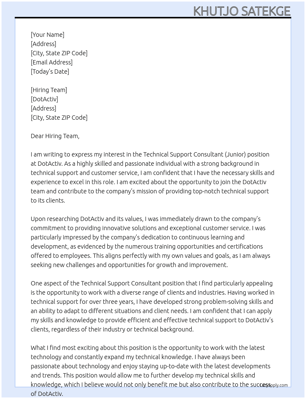 Technical Support Consultant (Junior) At DotActiv Cover Letter