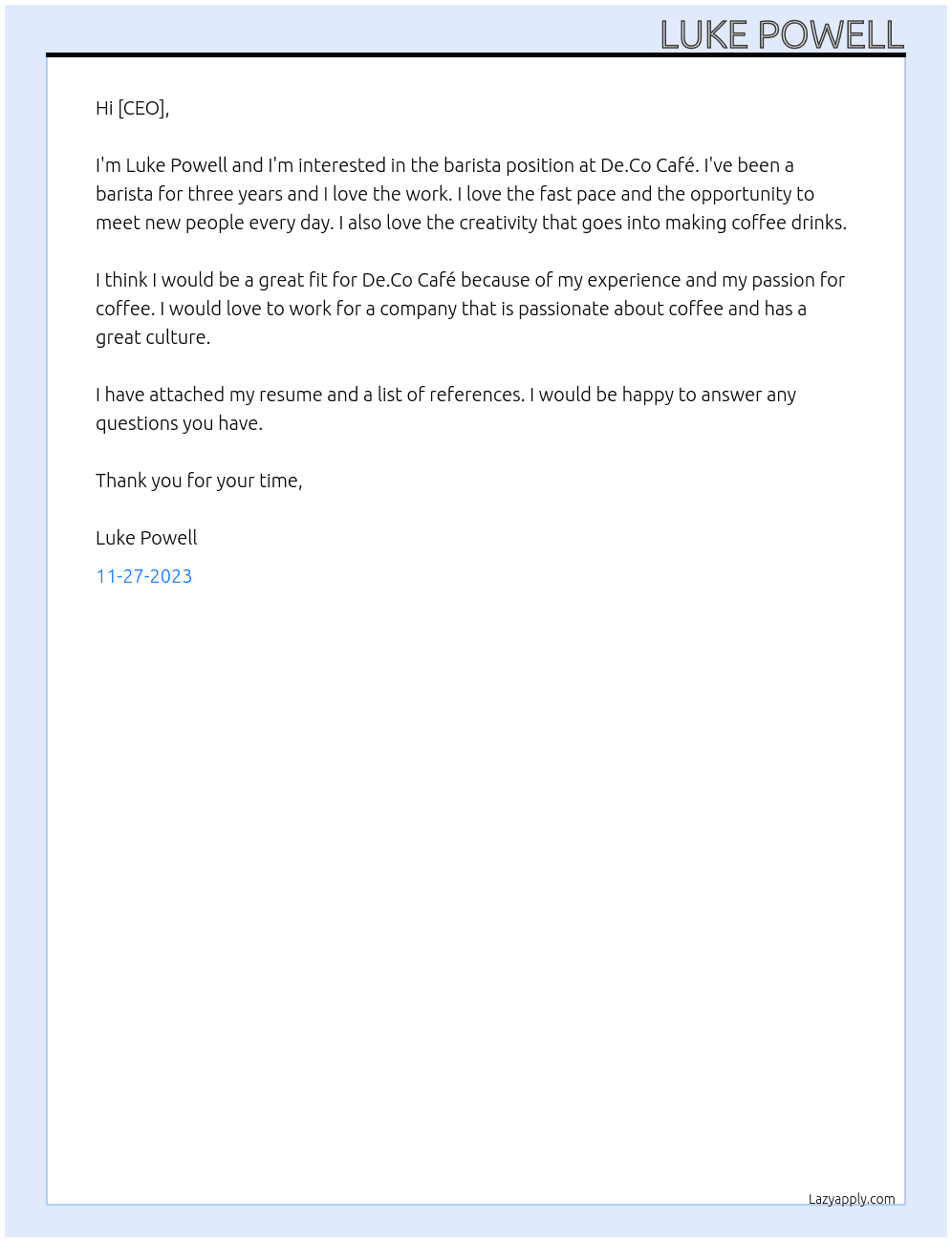 Barista At De.Co Café  Cover Letter