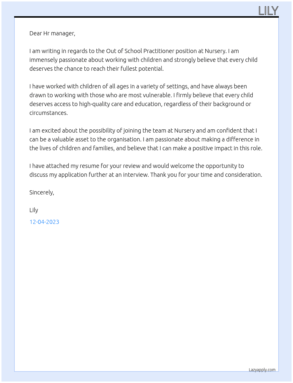 Out of School Practitioner At Nursery Cover Letter