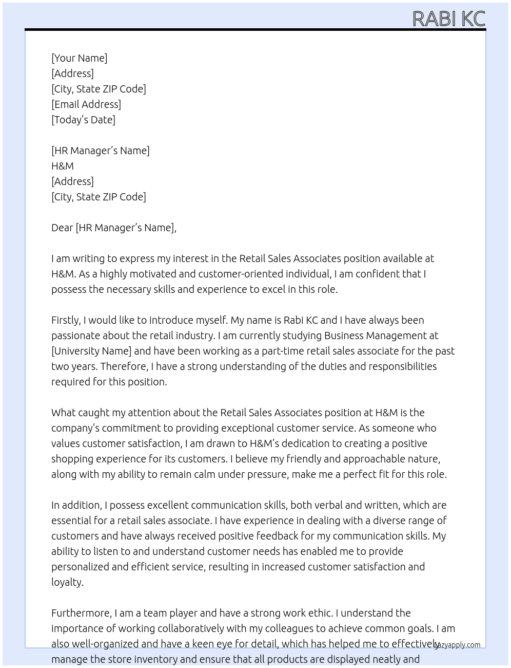 Retail Sales Associates  At H&M  Cover Letter