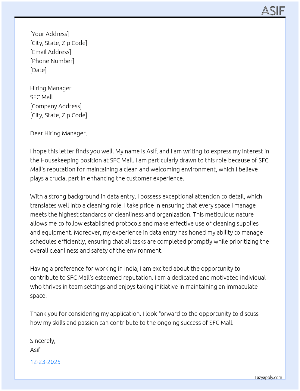 Housekeeping  At SFC Mall Cover Letter