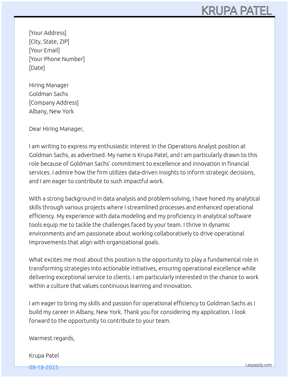 operations analyst  At Goldman Sachs Cover Letter