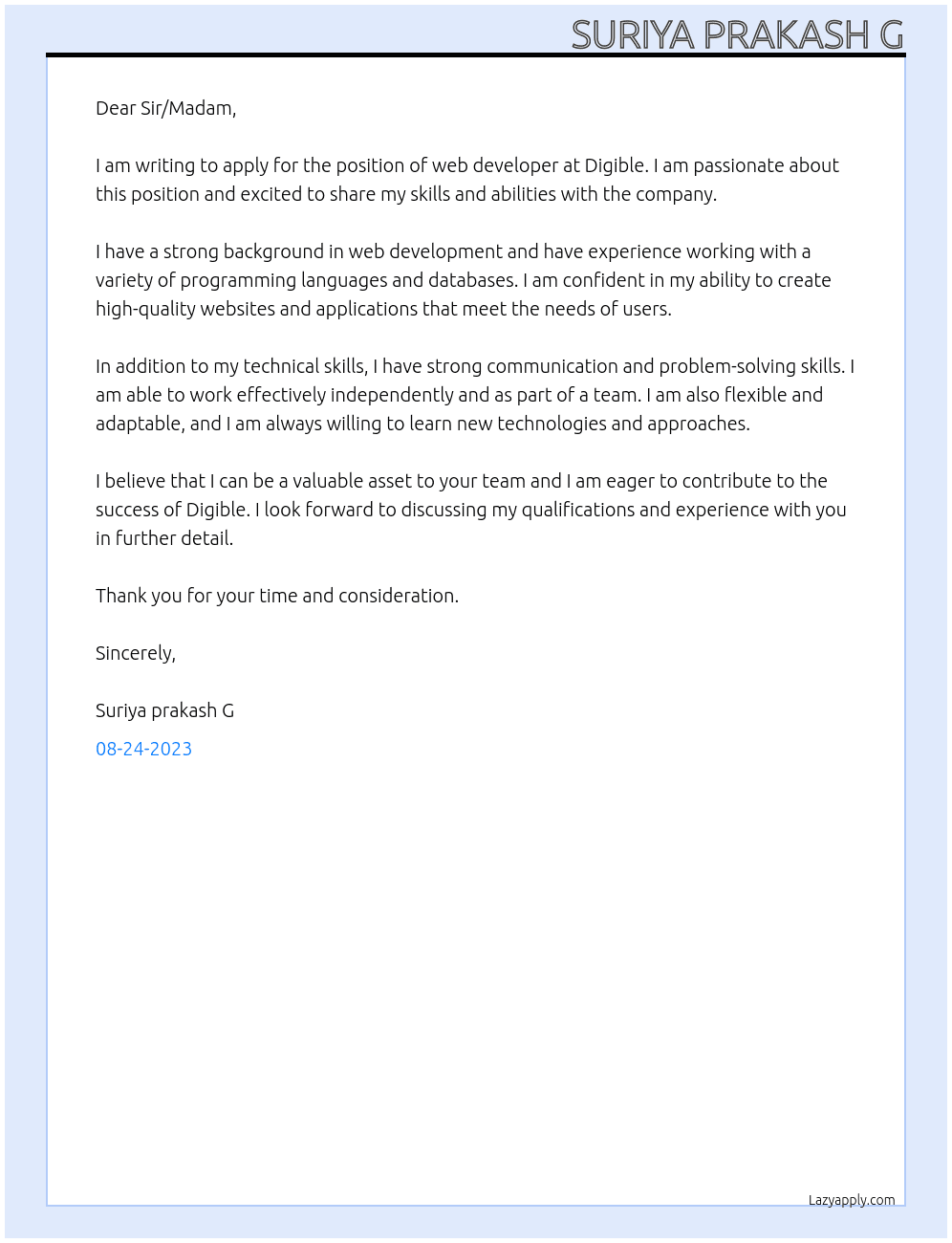 Web developer At Digible Cover Letter