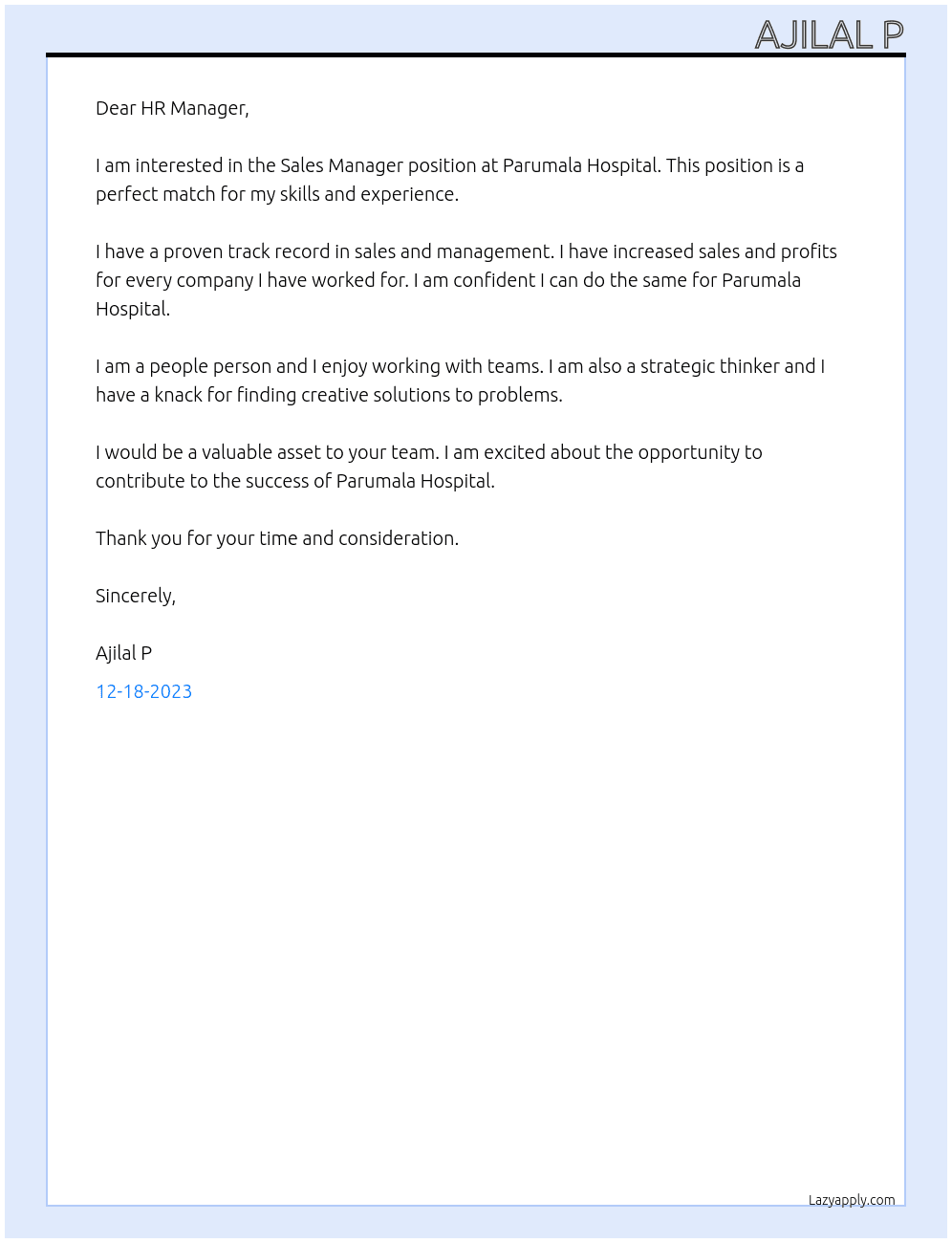 Sales Manager At Parumala Hospital Cover Letter