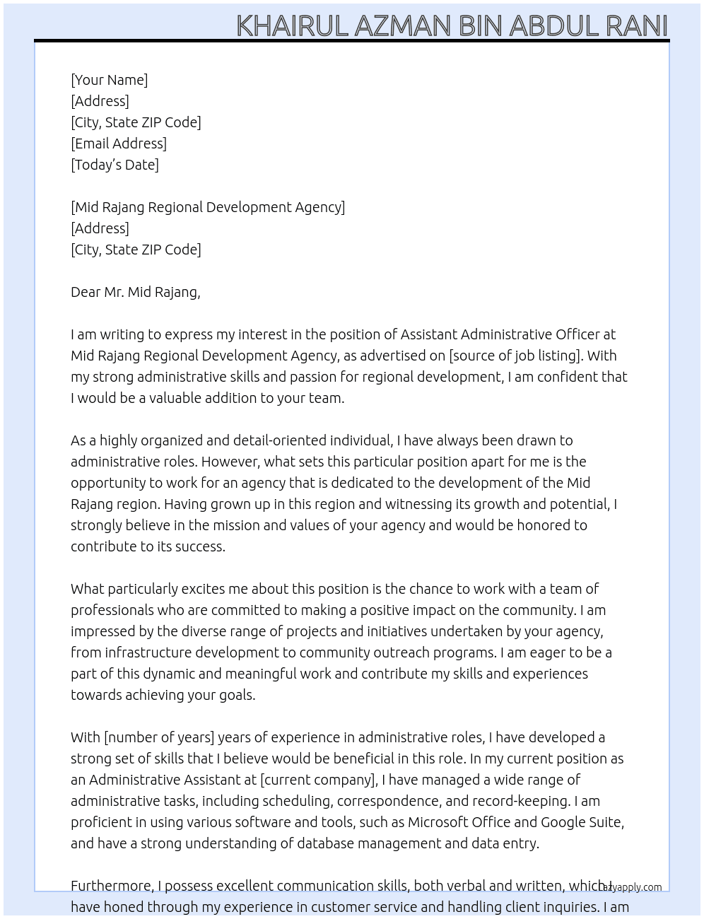 Assistant Administrative Officer At Mid Rajang Regional Development Agency Cover Letter