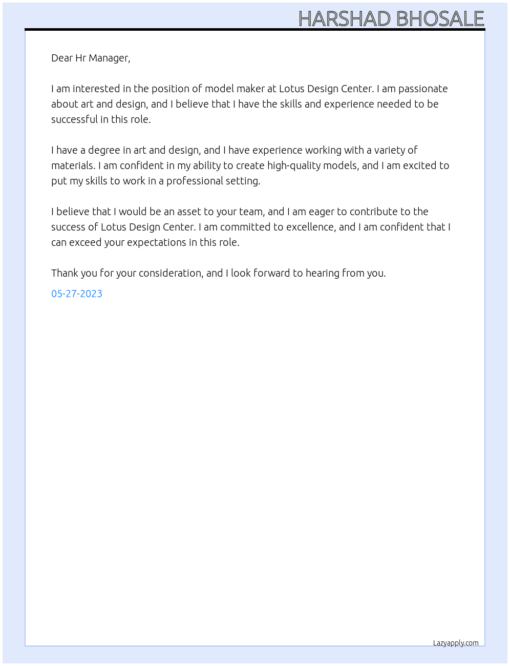 model maker At lotus design center Cover Letter