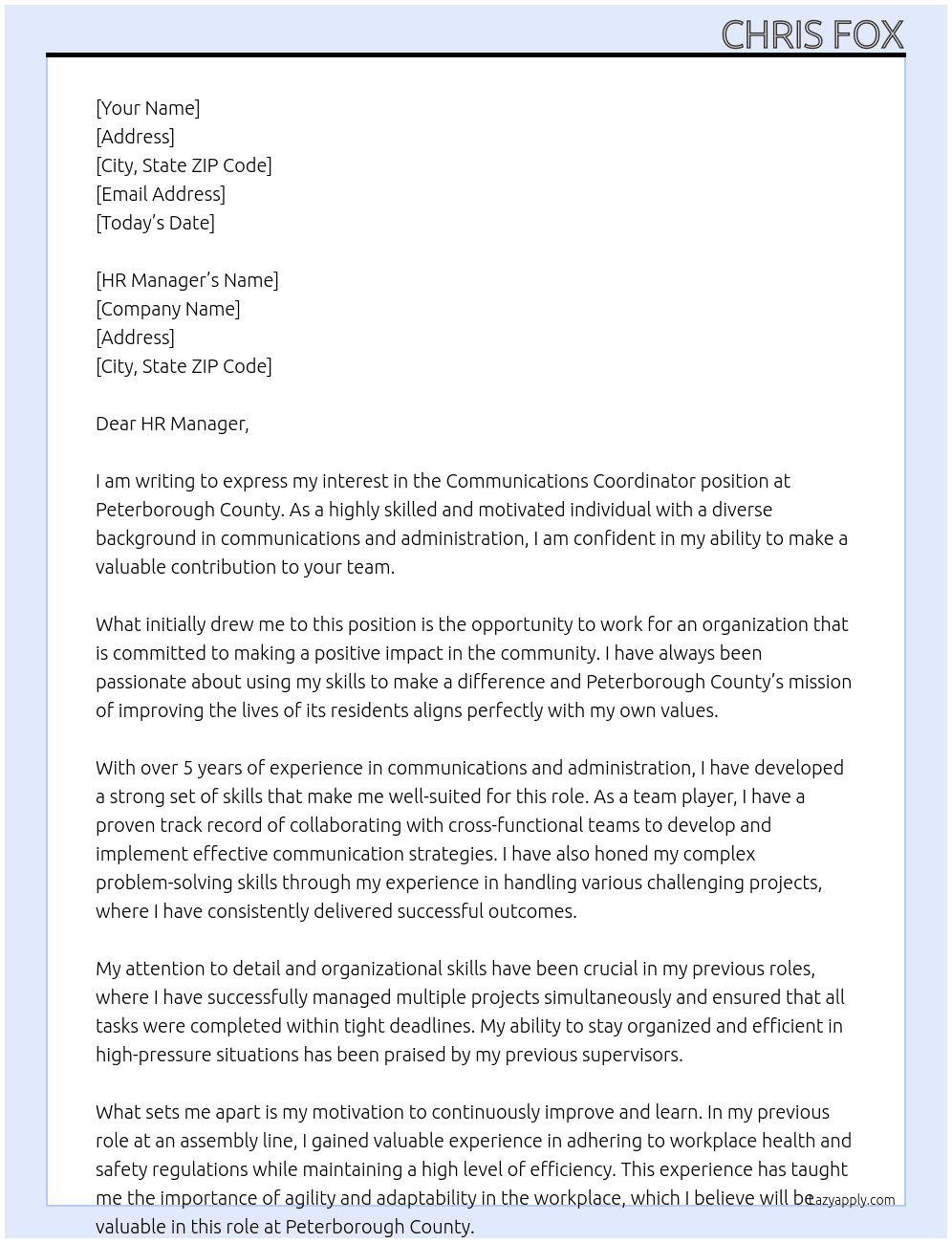 Communications Coordinator At Peterborough County Cover Letter