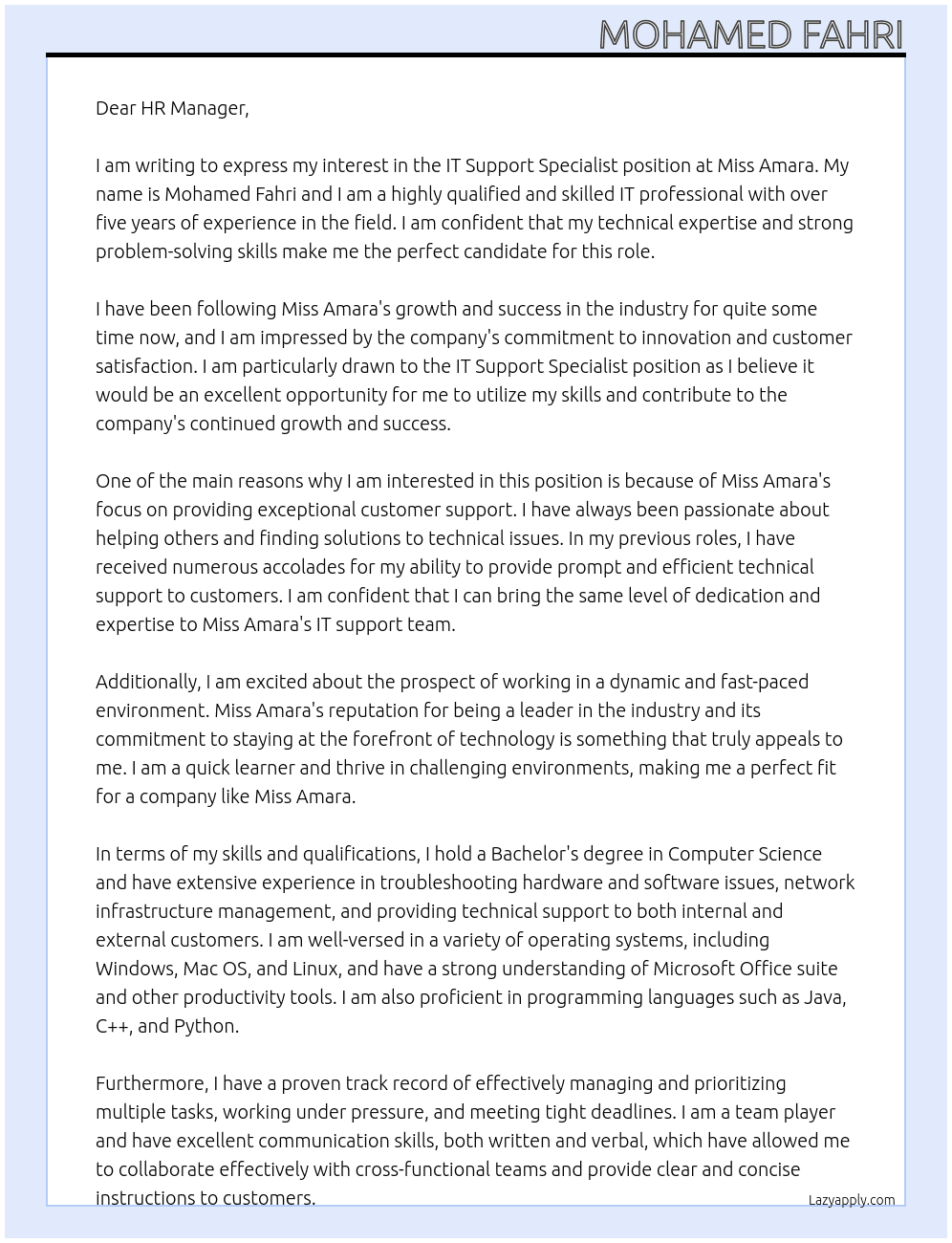 IT Suport Specailist  At Miss Amara Cover Letter