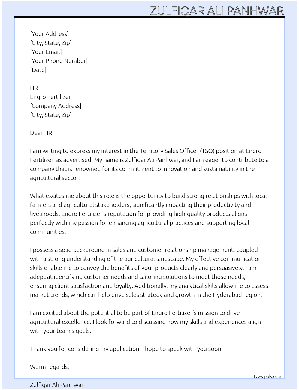 Territory Sales Officer  At Engro fertilizer  Cover Letter