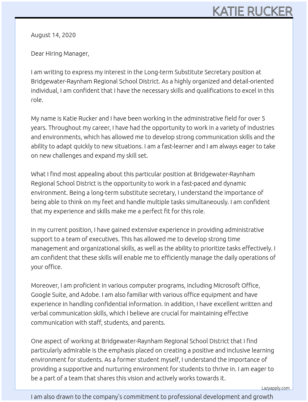 Long-term substitute secretary At Bridgewater-Raynham Regional School District Cover Letter