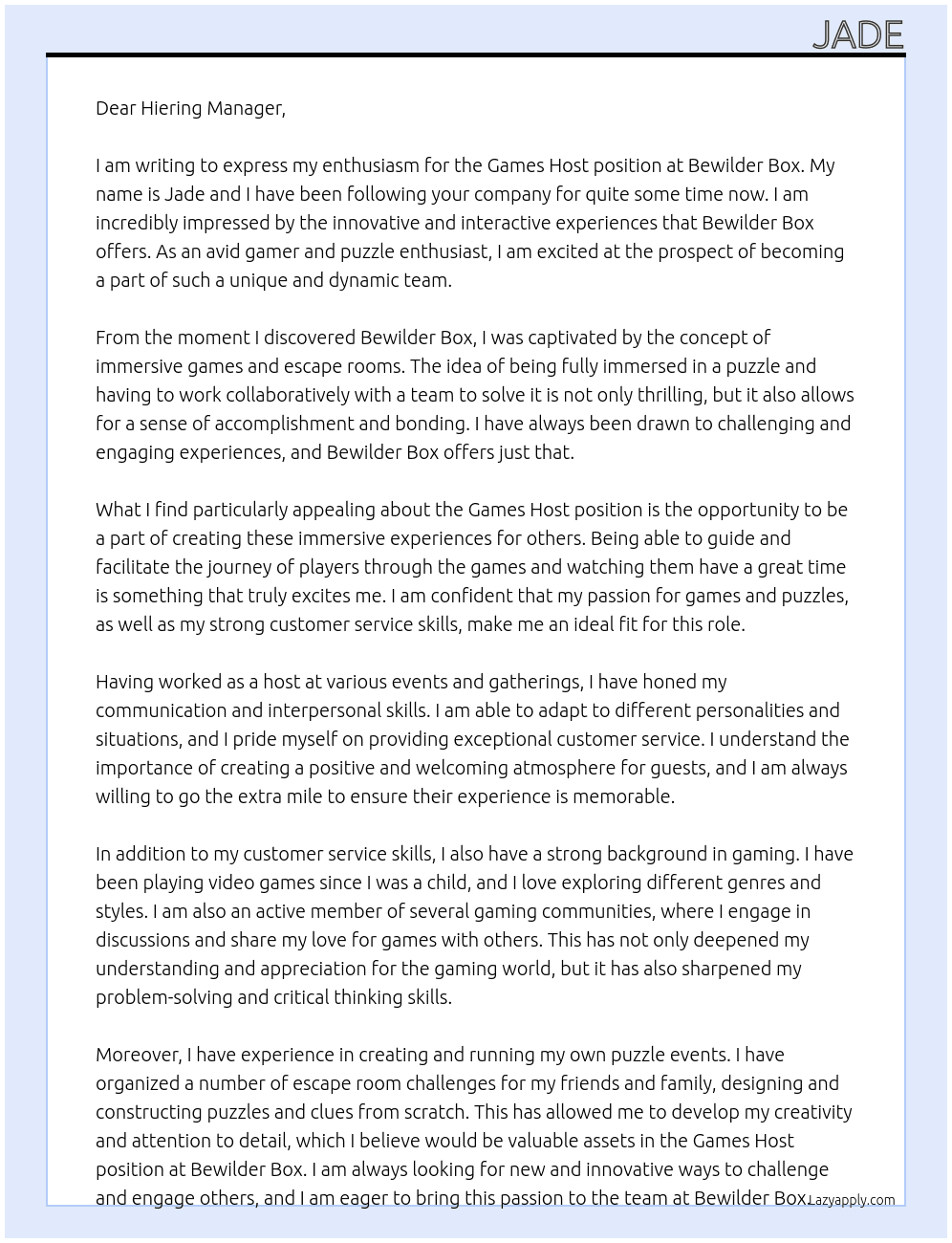 Games Host At Bewilder Box Cover Letter