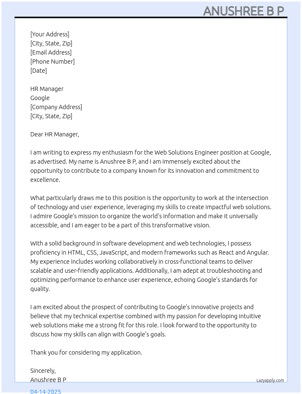 Cover letter for web solutions engineer - LazyApply