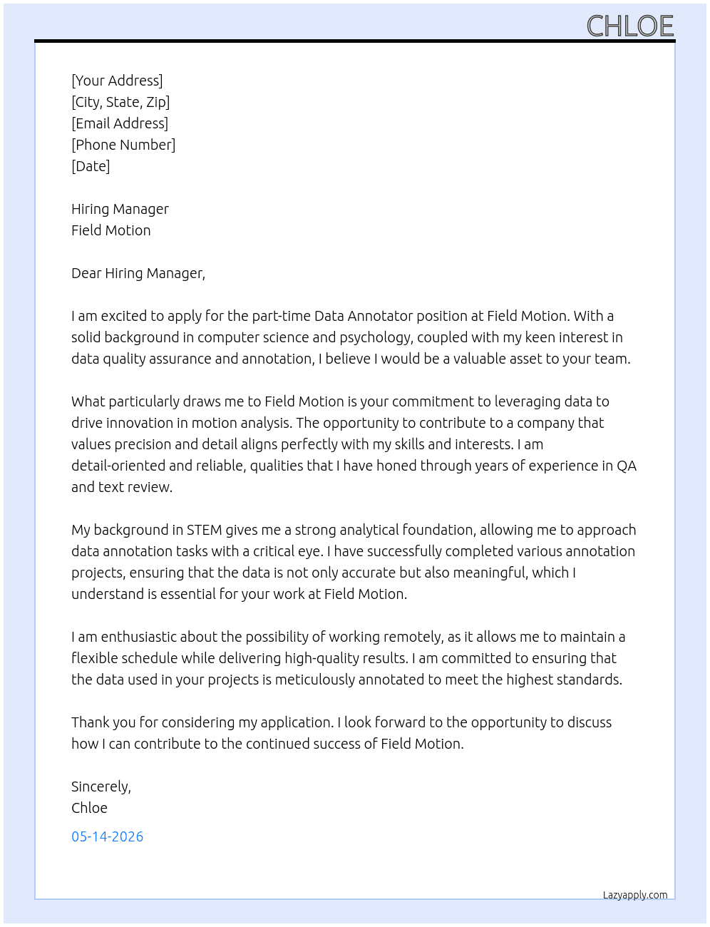 Data Annotator At Field Motion Cover Letter