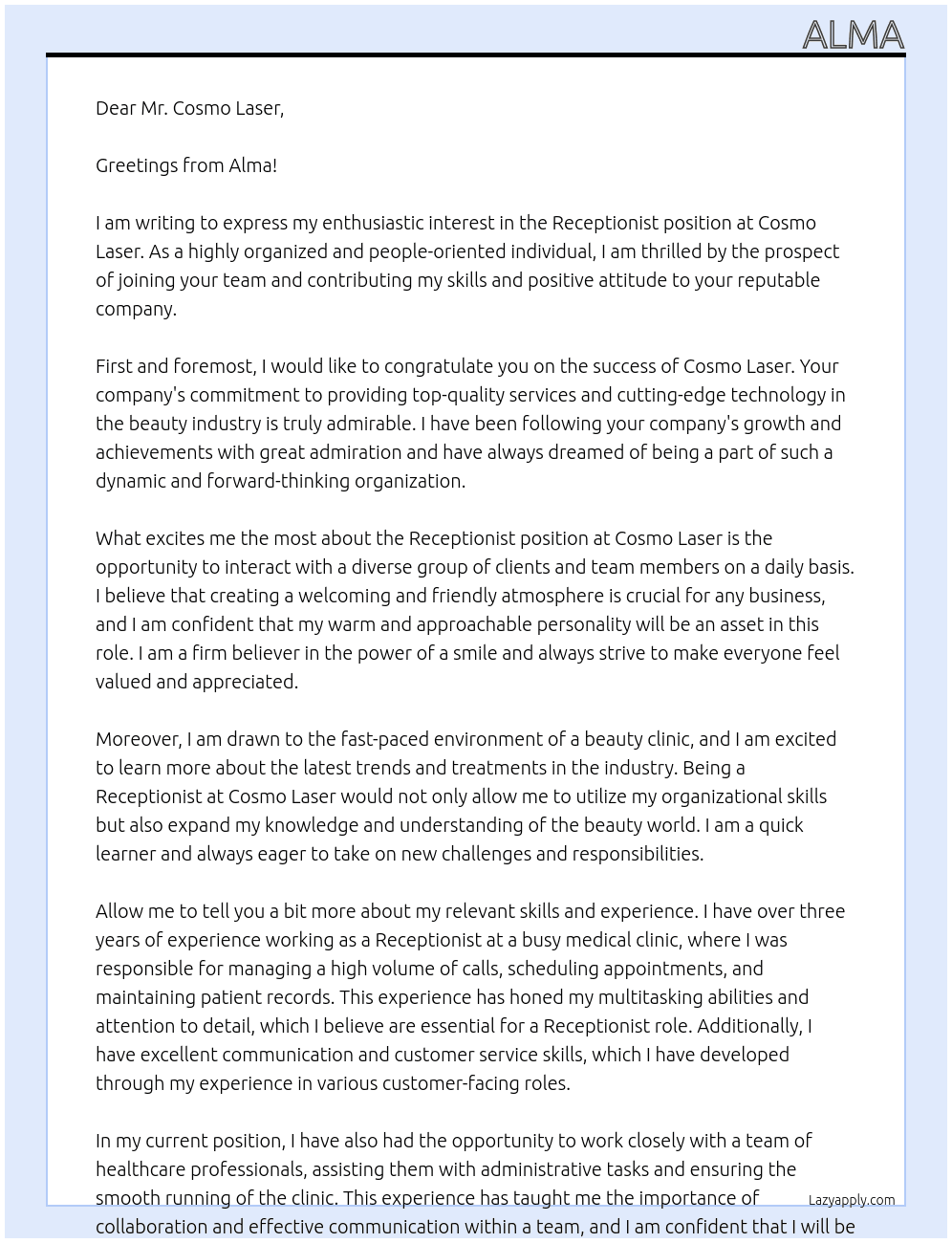 Receptionist At Cosmo Laser Cover Letter