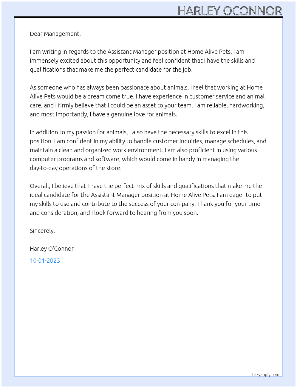 Assistant Manager At Home Alive Pets Cover Letter