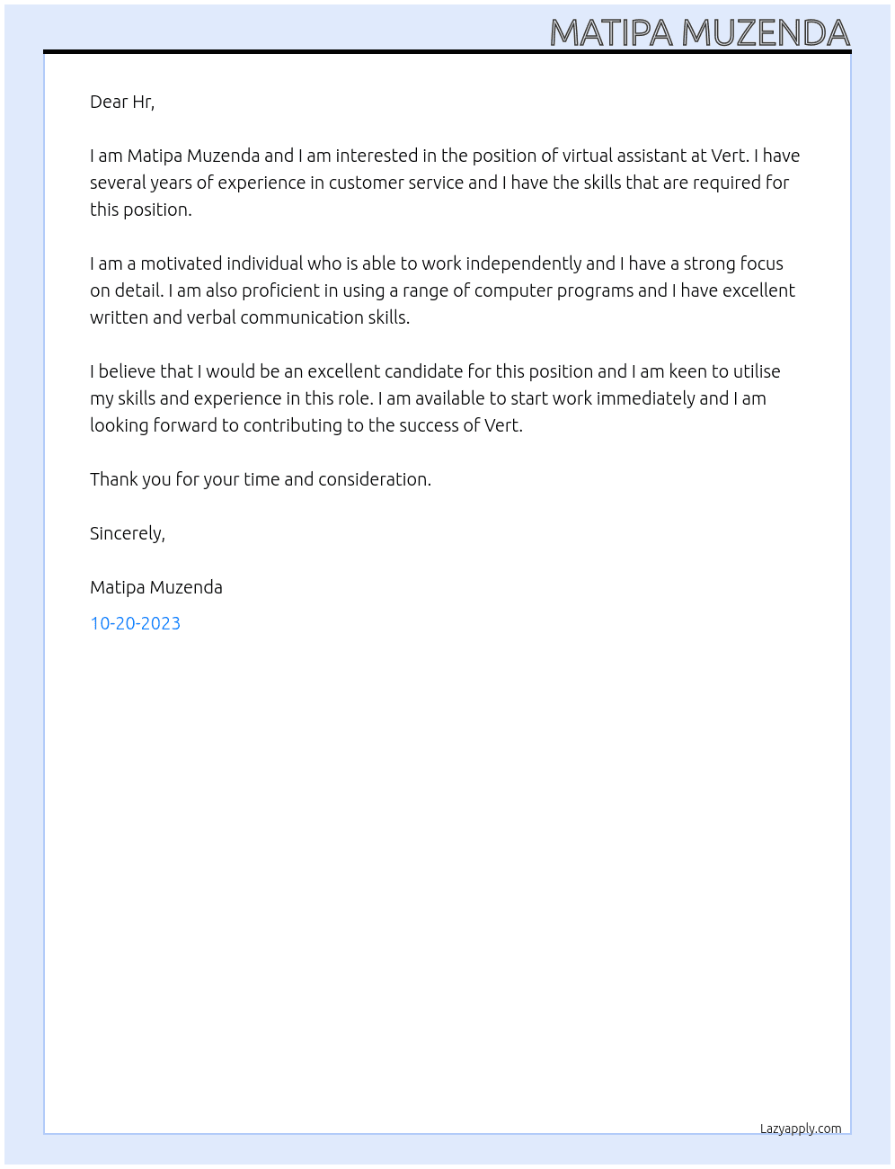 Virtual assistant  At Vert Cover Letter