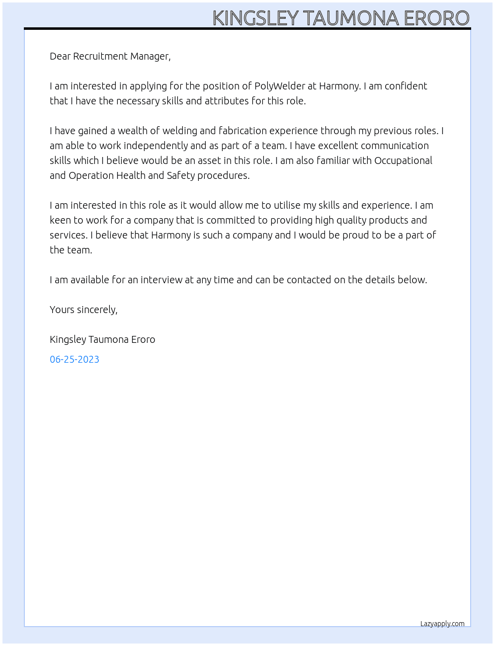 PolyWelder At Harmony Cover Letter