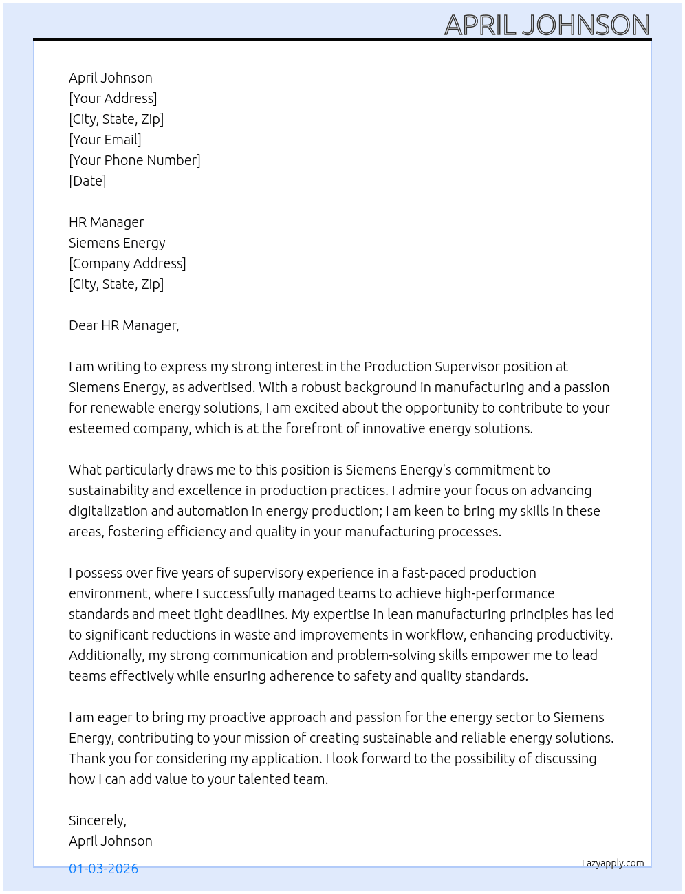 Production Supervisor At Siemens Energy Cover Letter