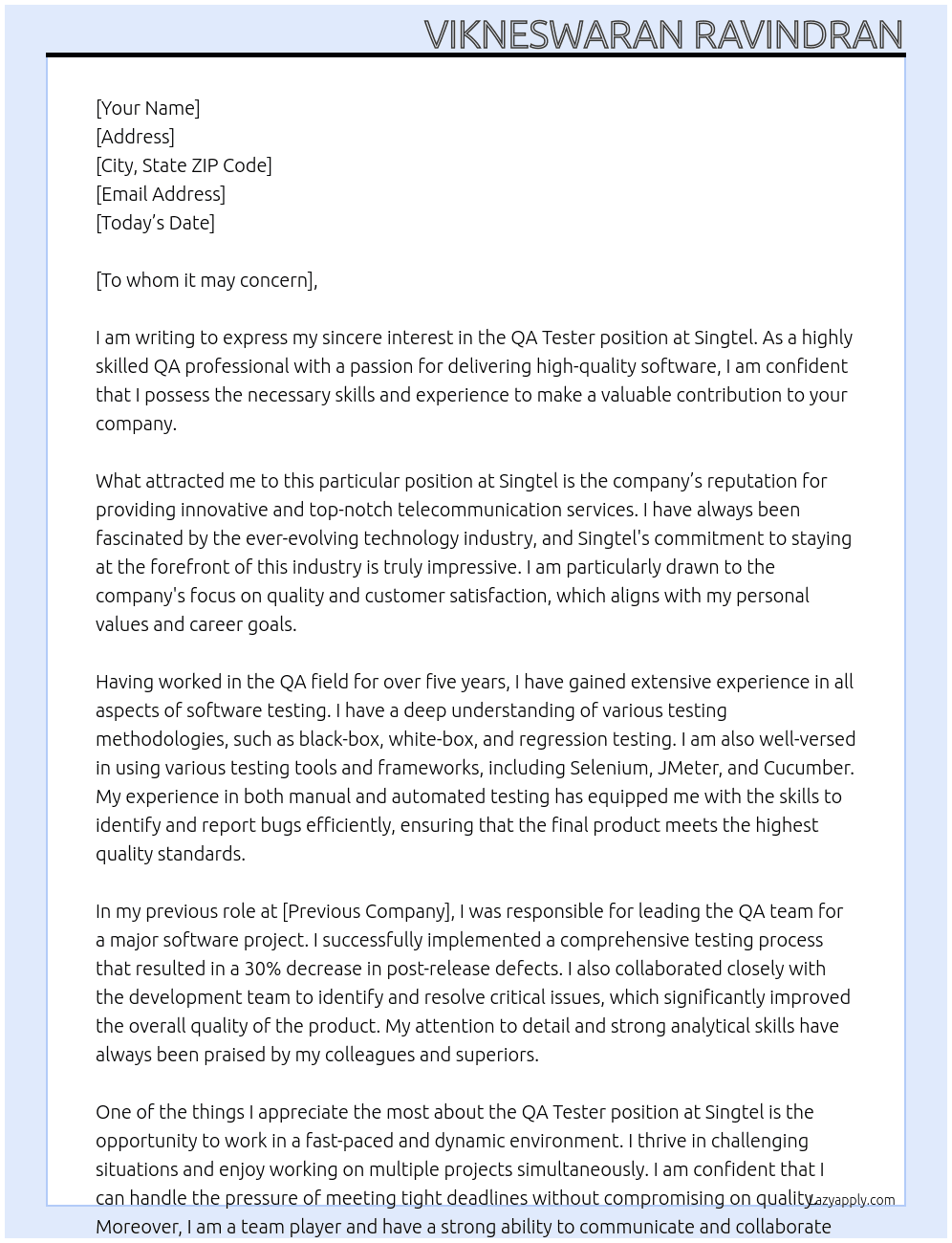 QA TESTER At Singtel Cover Letter