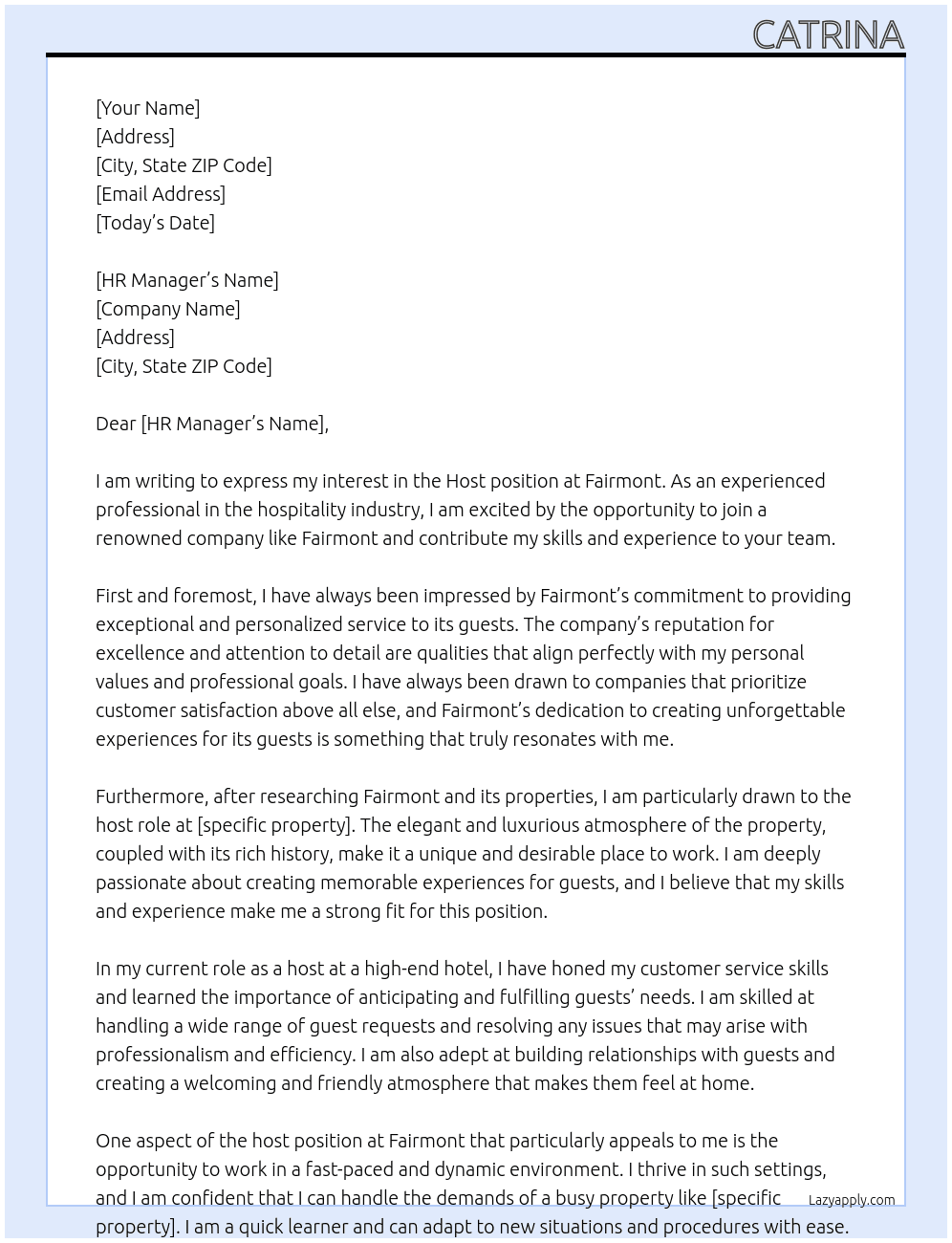 Host At Fairmont Cover Letter