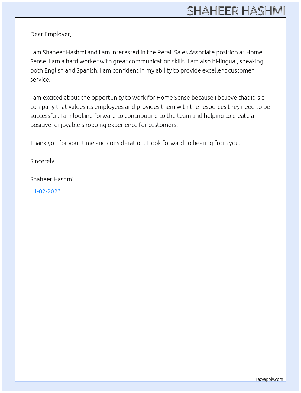 Retail Sales Associate  At Home Sense Cover Letter