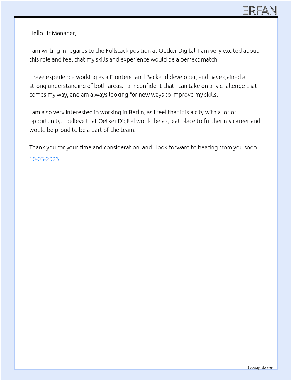 Fullstack At Oetker Digital Cover Letter