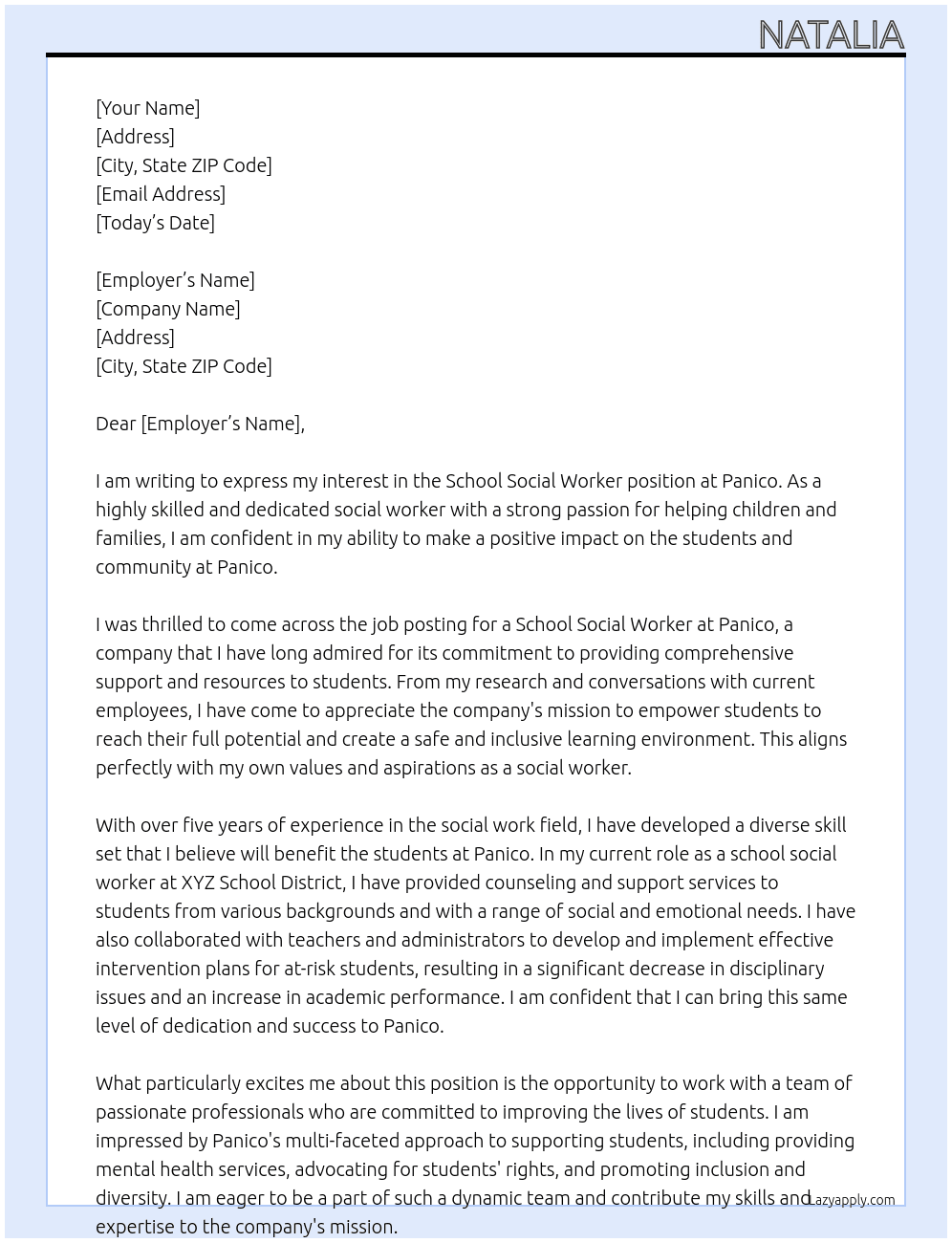 School Social Worker At Panico Cover Letter